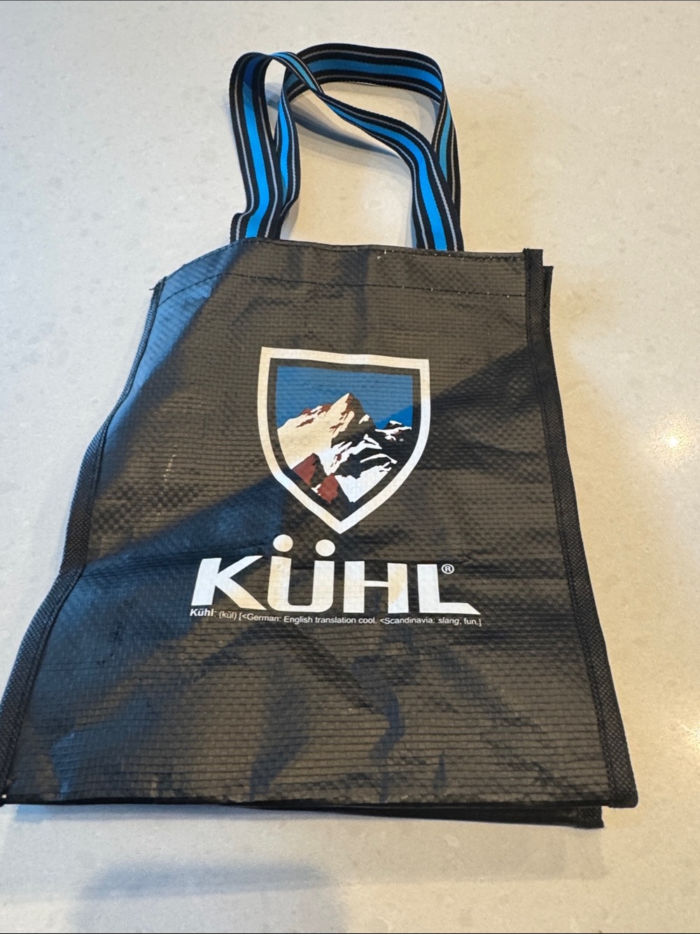 KÜHL Black Tote Bag with Blue-Striped Handles